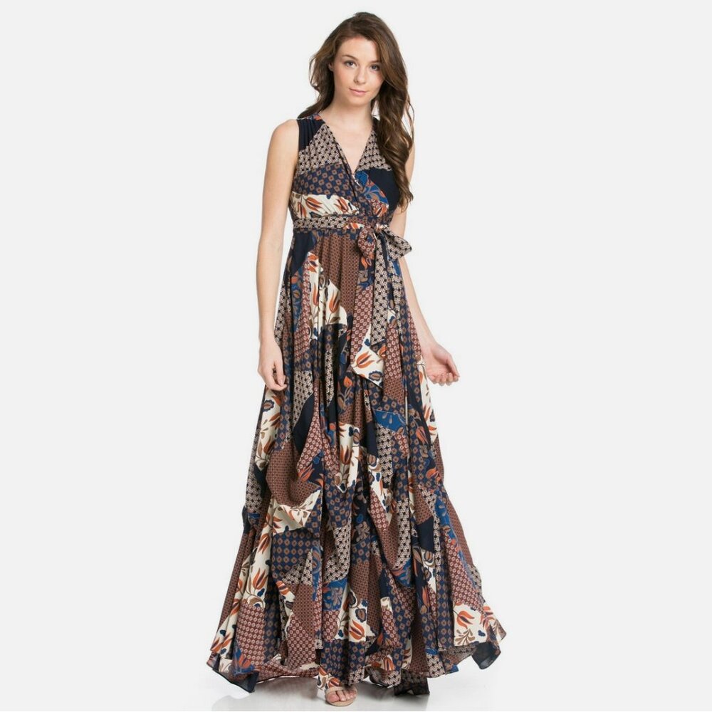 Tov Holy Brown Patchwork Draped Maxi Dress